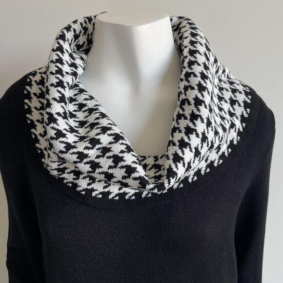 Eliza J Cowl Neck Sweater Dress Sz Large Black Houndstooth Modest Cocktail Party - Picture 3 of 15